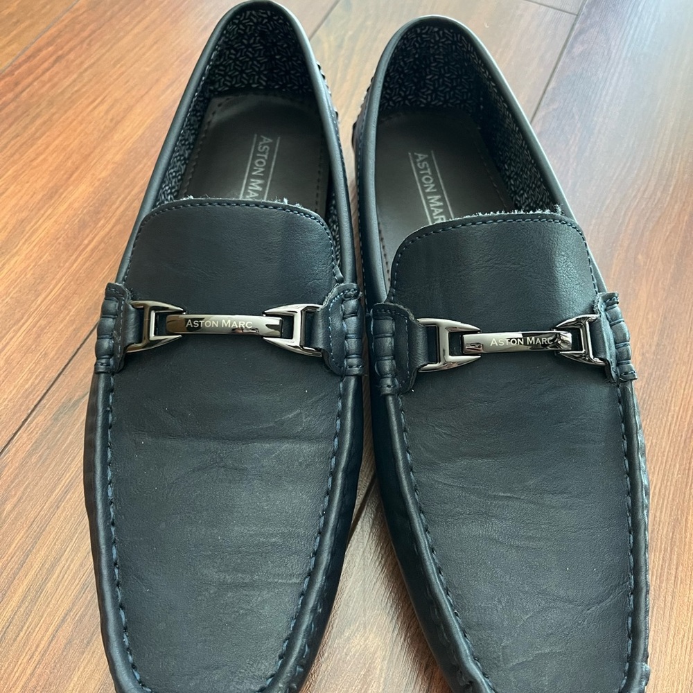 Black Leather Slip-On Loafers with Metallic Buckle